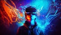 Teenage wearing VR headset on digital neon lights background