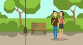 Teenager african boy girl couple in love, full length avatar over city park wooden bench street lamp green lawn trees