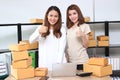 Teenager Asian entrepreneur owner working together at workplace at home. Start up small business Royalty Free Stock Photo