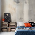 Teenager bedroom interior, with a bed, big speaker, vinyl records and books on the shelf, and a grungy wall. Generative AI