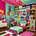 Teenager bedroom 90's green and pink pastel
