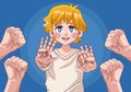 teenager blond boy comic anime character with hands stoping Royalty Free Stock Photo