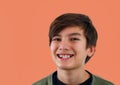 Teenager boy with diastema overbite teeth missing gap wearing orthodontic appliance treatment. Dental braces with child concept.