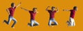 Teenager boy jumping dance movement set on a colored orange background