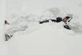 Teenager boy lies in deep snow under a heavy snowfall