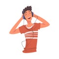 Teenager Boy Listening to Music with Headhones, Guy Using Smartphone or Audio Player Vector Illustration