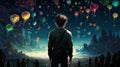 Teenager boy looking at colorful, illuminated balloons floating above urban fantasy landscape Royalty Free Stock Photo