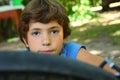 Teenager boy repair bicycle tire Royalty Free Stock Photo