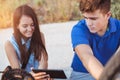 Teenager boy repair tire on bicycle Royalty Free Stock Photo