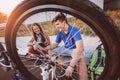 Teenager boy repair tire on bicycle Royalty Free Stock Photo