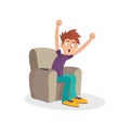 Teenager boy sitting on armchair watching television. TV addiction. Mass media dependency. Cartoon male character with Royalty Free Stock Photo