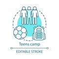 Teenager camp concept icon. Summer youngster club, community idea thin line illustration. Teens holiday resort. Sports