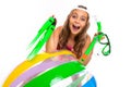 Teenager caucasian girl in glasses with diving equipment isolated on white background Royalty Free Stock Photo