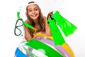 Teenager caucasian girl in glasses with diving equipment isolated on white background Royalty Free Stock Photo