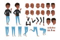 Teenager character constructor. Black boy s separate parts of body, different face expressions and haircuts. Isolated
