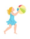 Teenager girl kid play with beach ball, tropical cheerfully spend time, children wear swimming suit cartoon vector