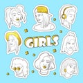 Teenager Fashion 80s-90s Golden Badges, Patches with Girls. Comic Style Isolated Stickers and Pins