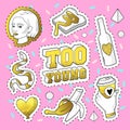 Teenager Fashion 80s-90s Golden Badges, Patches with Snake, Banana, Hand and Girl. Comic Style Isolated Stickers Pins