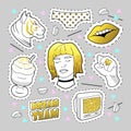 Teenager Fashion 80s-90s Golden Badges, Patches with Tiger, Ice Cream, Lips and Girl. Comic Style Isolated Stickers Pins