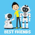 Teenager and funny robots. Royalty Free Stock Photo