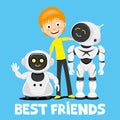 Teenager and funny robots. Royalty Free Stock Photo