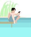 Teenager with gadget sitting on pier on river bank. Digital addiction concept. Cute flat vector illustration