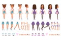Teenager girl character constructor, creation set. Full length front, back and side view. Body parts and collection of