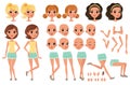 Teenager girl character creation set with various views, poses, face emotions, hands gestures and haircuts. Female