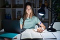 Teenager girl doing homework at home late at night skeptic and nervous, frowning upset because of problem Royalty Free Stock Photo