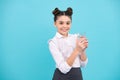 Teenager girl drinking water from glass on blue background. Daily life health. Drink water for health care and body Royalty Free Stock Photo