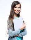 Teenager girl hold white blank paper. Young smilin