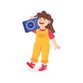 Teenager girl holds a tape recorder in his hands and listens to music. Teen on a party. Cartoon vector illustration Royalty Free Stock Photo