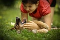 Teenager girl hug puppy shepherd dog close up photo Royalty Free Stock Photo