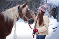 girl with long brown hair and chestnut horse with plaited mane close up portrait on winter snowy background