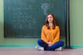 Teenager girl in math class overwhelmed by the math formula. Pressure, Education, Success concept. Royalty Free Stock Photo