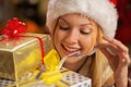 Teenager girl opening christmas present box Royalty Free Stock Photo