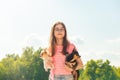 Pretty girl with two chihuahua dogs on the nature. Teenager girl with pets dogs in her arms Royalty Free Stock Photo