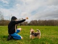 Teenager girl playing with cute Yorkshire terrier in a park grass field. Day time. Cloudy sky. Model dressed in black hoodie and Royalty Free Stock Photo