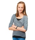 Teenager, girl and portrait smile with arms crossed standing isolated against a white studio background. Young female Royalty Free Stock Photo