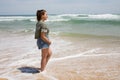 Teenager girl profile in summer sandy coast beach vacation