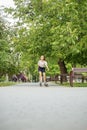 Teenager girl quickly roller skates in skate park. Active lifestyle, hobby and childhood concept Royalty Free Stock Photo