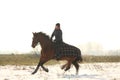 Teenager girl riding bay horse in winter