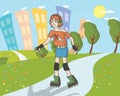 Teenager girl on roller skates at summer street