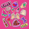 Teenager Girl Stickers, Patches and Badges. Woman Fashion Doodle with Hands, Lipstick and Strawberry