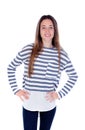 Teenager girl with striped t-shirt and her hands