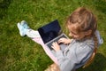 Teenager girl studying on a laptop. Distance education. Happy schoolgirl in Park with computer Royalty Free Stock Photo