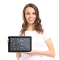 Teenager girl with a tablet computer. Different world languages Royalty Free Stock Photo