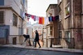 Teenager glasses on background of drying clothes Royalty Free Stock Photo