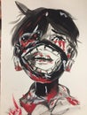 the teenager has blood from his eyes, red drops on his white shirt, and his face is covered with a disposable mask with