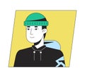 Teenager in hat and hoodie flat color cartoon avatar icon